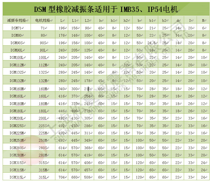 DSM型橡膠減震器條技術(shù)參數(shù)表